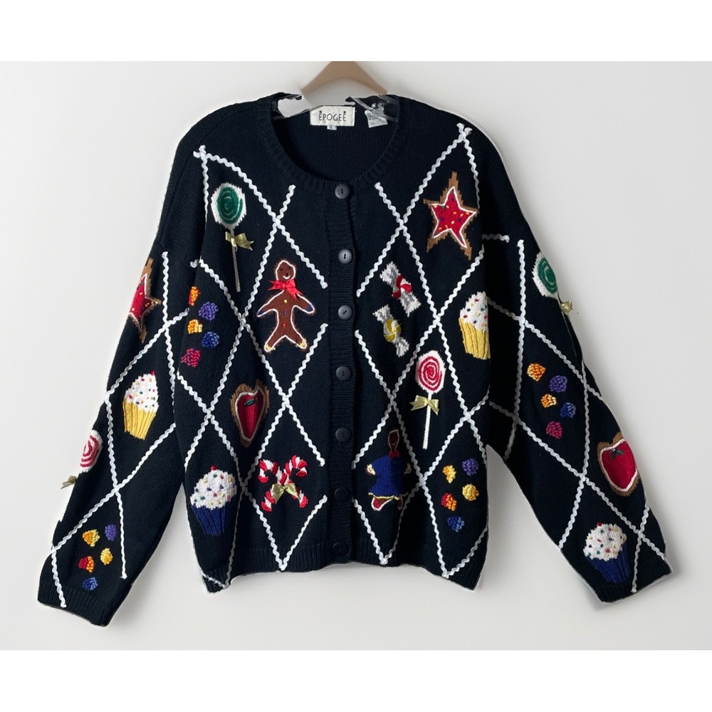 Epogee Long Sleeve Button Down Christmas Cardigan Embroidered Beaded Vintage L